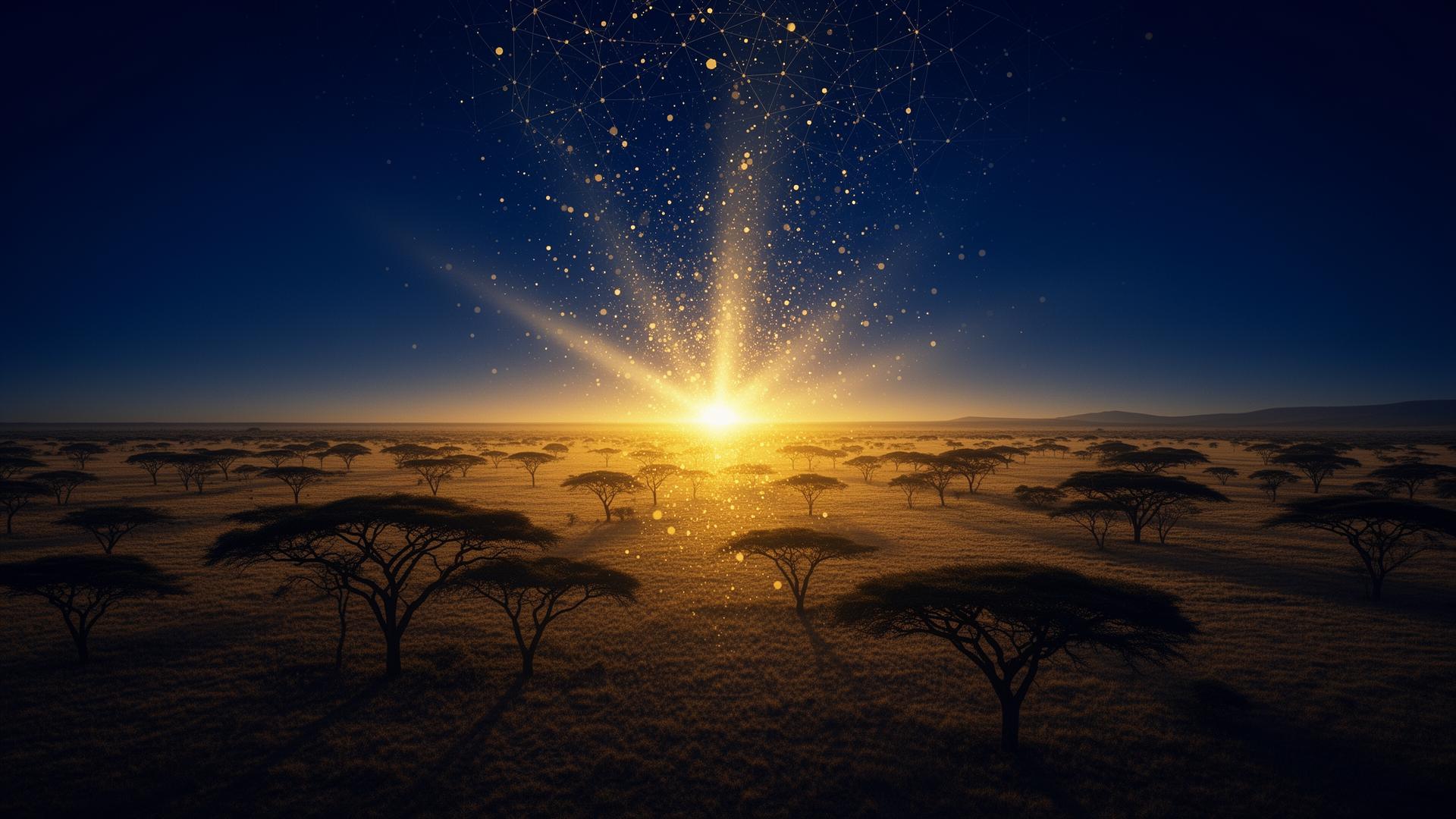 Sunrise over the African savanna with rising golden network nodes