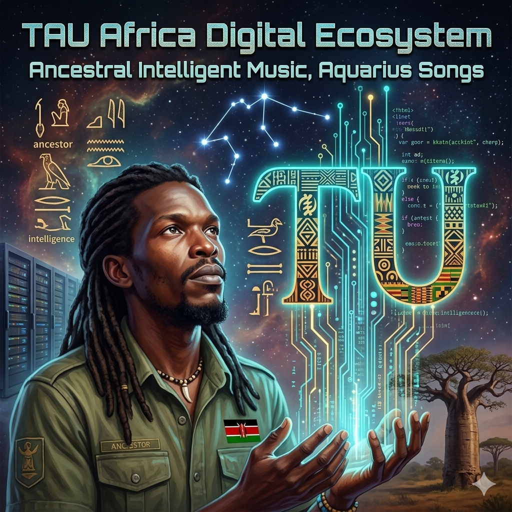 TAU Africa ancestor holding the digital ecosystem — ancestral intelligence woven with the code of the Family Tree